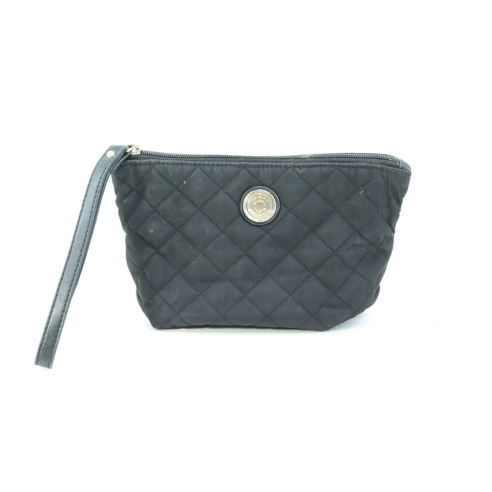 Tommy Hilfiger Makeup Bag Black Quilted Nylon Gold Tone Logo Wrist Strap Lined